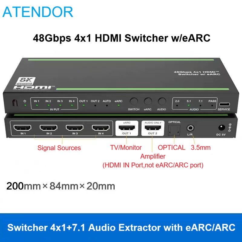 Hdmi Audio Extractor Earc 7.1 - HDMI2.1 스위처 4x1 7.1 오디오 추출기