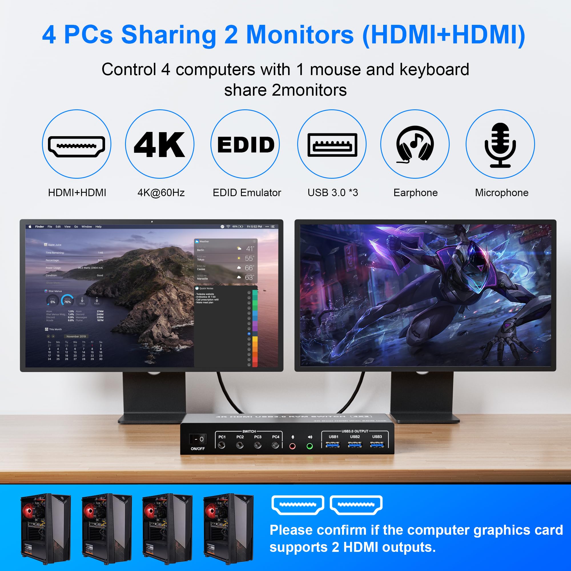 USB 3.0 KVM 스위치 4대 컴퓨터 2대 모니터, - Hdmi Kvm Switch 4 Port Dual Monitor 리뷰 및 가격